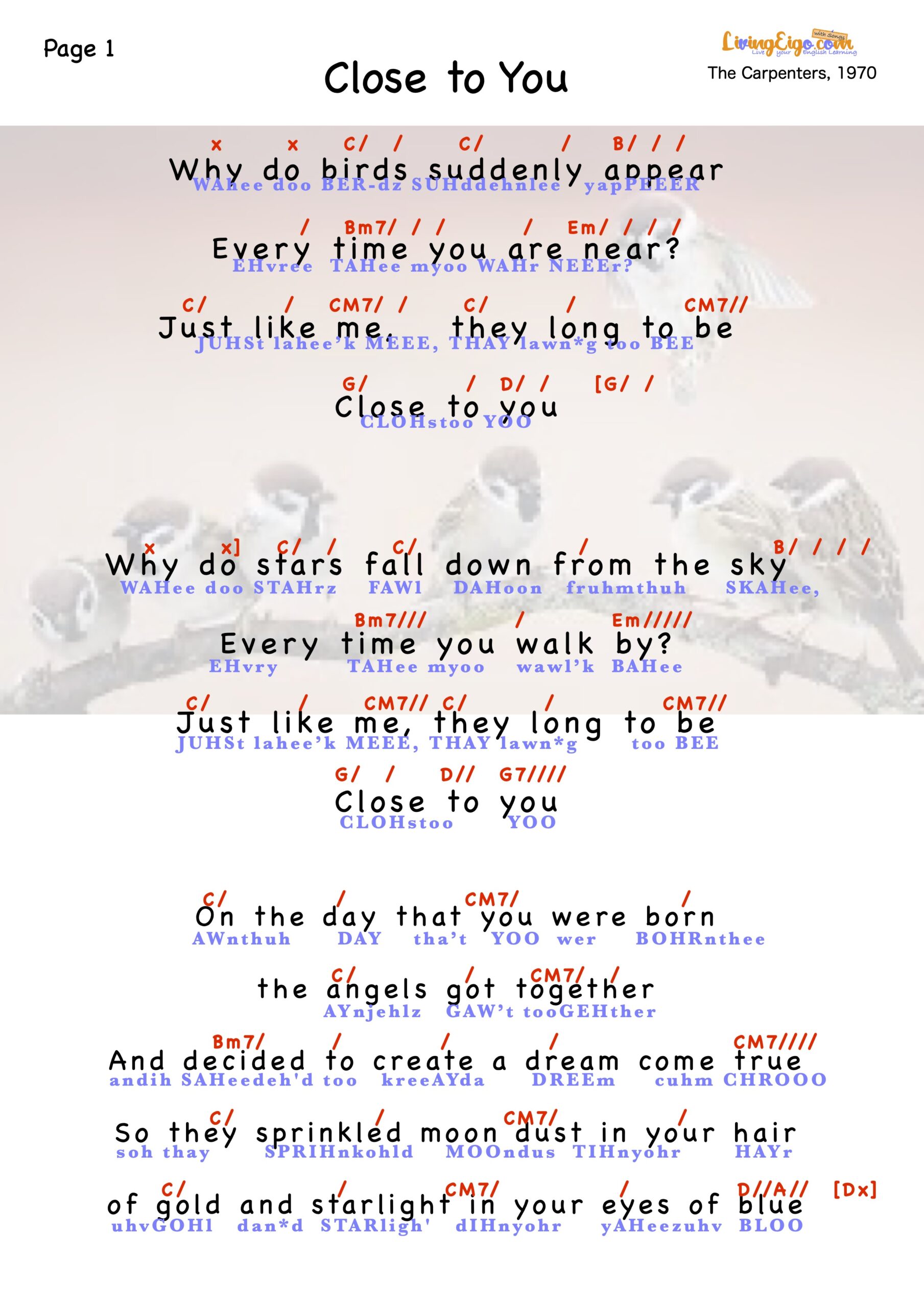 Close to You, Lyrics page 1